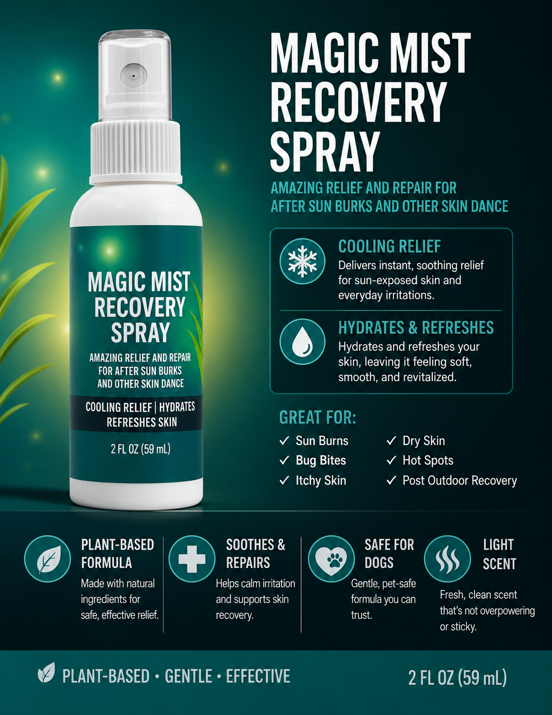 Magic Mist Recovery Spray — Instantly cools, soothes, and hydrates sun-stressed skin with pure aloe and botanicals.
