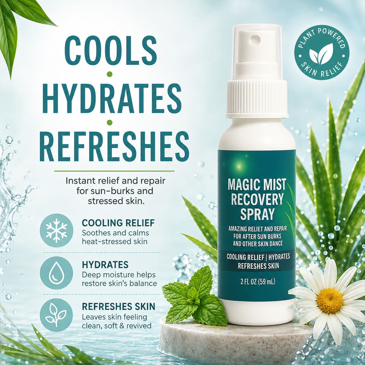 Magic Mist Recovery Spray — Instantly cools, soothes, and hydrates sun-stressed skin with pure aloe and botanicals.