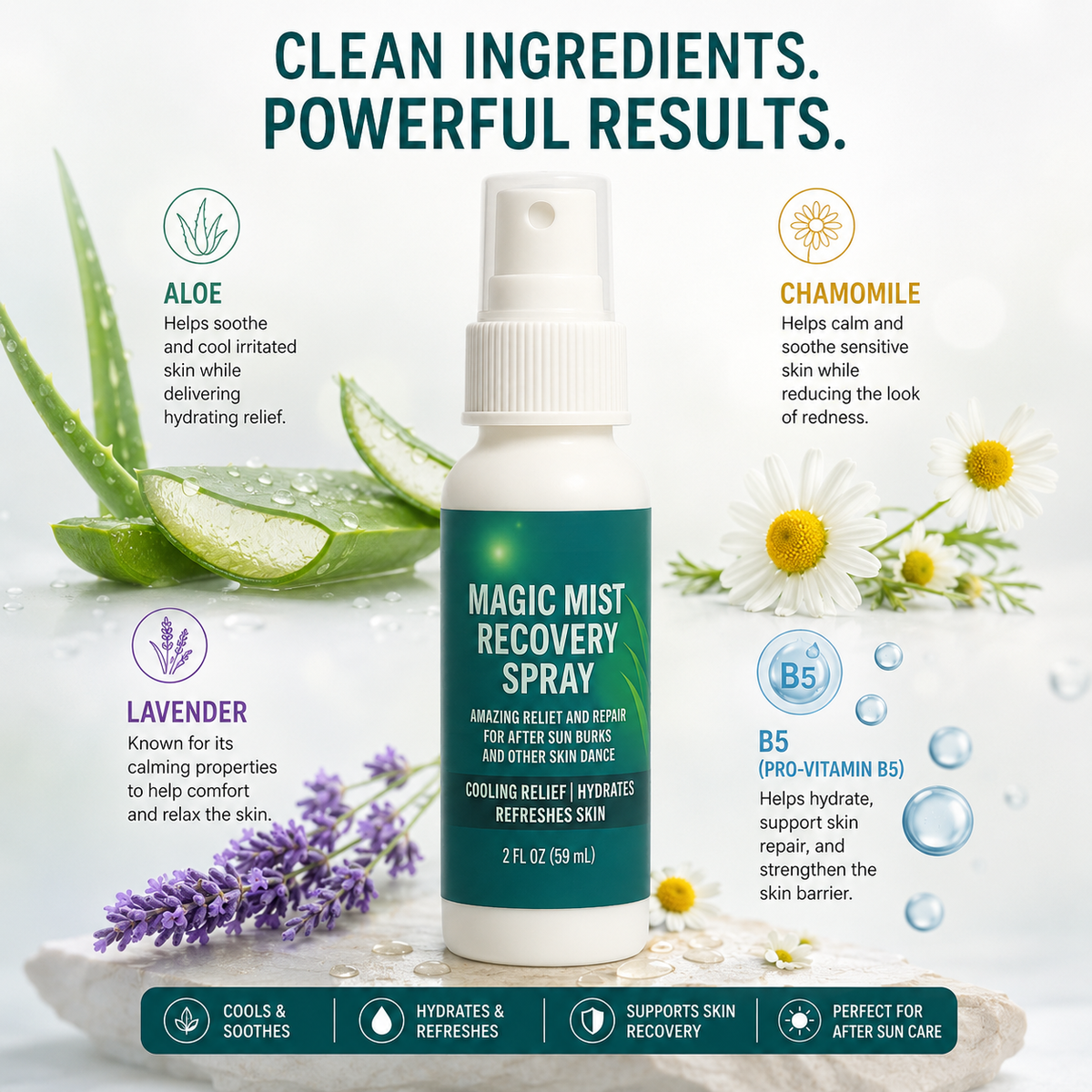 Magic Mist Recovery Spray — Instantly cools, soothes, and hydrates sun-stressed skin with pure aloe and botanicals.